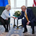 TURNBERRY, SCOTLAND - JULY 27: President of the European Commission Ursula von der Leyen shakes hands with U.S. President Donald Trump during a meeting at Trump Turnberry golf club on July 27, 2025 in Turnberry, Scotland. U.S. President Donald Trump is visiting his Trump Turnberry golf course, as well as Trump International Golf Links in Aberdeenshire, during a brief visit to Scotland from July 25 to 29. (Photo by Andrew Harnik/Getty Images)