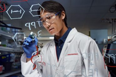 Johnson & Johnson headquarters with pharma growth overlay and Stelara bottle silhouette