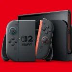 Nintendo Switch 2 console on retail shelf with “Out of Stock” sign, next to fake Amazon product page on laptop screen.