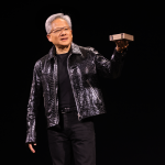 Nvidia CEO Jensen Huang walking in front of AI chip schematics and a Chinese flag overlay, symbolizing export control tensions and strategic adaptation.