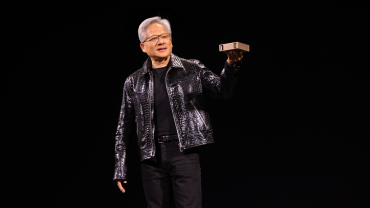 Nvidia CEO Jensen Huang walking in front of AI chip schematics and a Chinese flag overlay, symbolizing export control tensions and strategic adaptation.