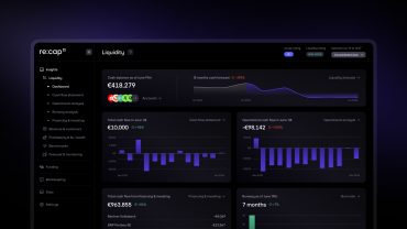 Fintech dashboard showing credit metrics and capital planning tools, with HSBC and re:cap logos symbolizing UK tech funding expansion.
