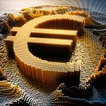 European Central Bank headquarters with digital euro symbol and climate icons overlaid, illustrating monetary innovation and ecological strategy
