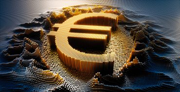 European Central Bank headquarters with digital euro symbol and climate icons overlaid, illustrating monetary innovation and ecological strategy