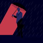 Man with umbrella under rain. A man dressed in a suit holds an umbrella in rainy weather. Business insurance concept. Vector illustration.