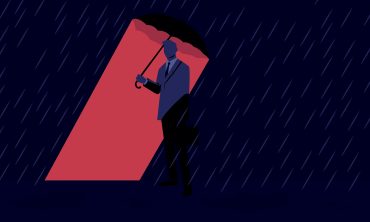 Man with umbrella under rain. A man dressed in a suit holds an umbrella in rainy weather. Business insurance concept. Vector illustration.