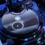 Silicon Wafer during Photolithography Process inside Complex Computer Chip Production Machine. Semiconductor Manufacturing at Modern Fab or Foundry.
