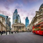 Aerial view of the London business center skyscrapers. Panoramic view of the city of London business district.