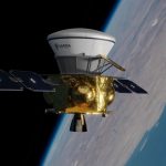 Illustration of a capsule returning to Earth from orbit with glowing atmospheric friction, symbolizing the reentry of pharmaceuticals produced in space.