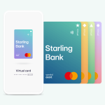 Mobile banking app interface with calming blue-green colors and Starling logo, symbolizing financial wellness and rebranding strategy