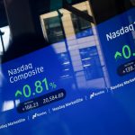 Apple and Amazon logos over Nasdaq stock chart and cloud network