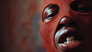 Close-up of a person’s face in a red balaclava, showing teeth and partially closed eyes.