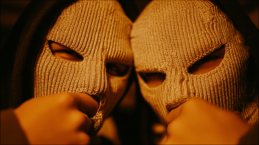 Two individuals wearing knitted gray balaclavas, standing close together in a dimly lit room.