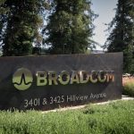 Broadcom headquarters logo — Broadcom logo outside corporate headquarters as company reports record AI revenue.
