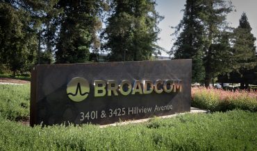 Broadcom headquarters logo — Broadcom logo outside corporate headquarters as company reports record AI revenue.