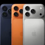 Three 48MP Fusion cameras — Main, Ultra Wide, and an all-new Telephoto — offer the equivalent of eight lenses. Three iPhone 17 Pro devices show the new colour lineup. iPhone 17 Pro and iPhone 17 Pro Max will be available in three stunning finishes: an elegant deep blue, a bold cosmic orange, and a refined silver.
