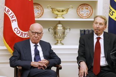 Former Executive Chairman of Fox Corp Rupert Murdoch and Oracle co-founder, CTO and Executive Chairman Larry Ellison listen as U.S. President Donald Trump speaks to reporters in the Oval Office of the White House on February 03, 2025 in Washington, DC