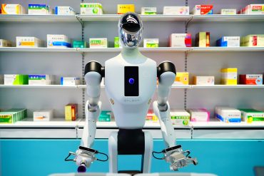 A humanoid robot is on display at the Robot Mall, world's first embodied intelligent robot 4S store
