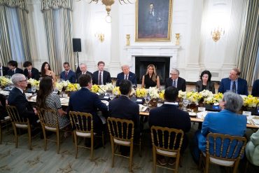 US President Donald Trump and First Lady Melania Trump host tech leaders for a dinner in the State Dining Room of the White House in Washington, DC, on September 4, 2025.