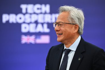 Nvidia CEO Jensen Huang attends a press conference by U.S. President Donald Trump and UK Prime Minister Keir Starmer at Chequers at the conclusion of a state visit on September 18, 2025 in Aylesbury, England