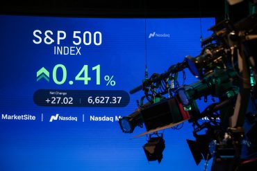 S&P 500 signage Nasdaq MarketSite in New York