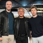 OpenAI President Greg Brockman (L), NVIDIA Founder and CEO Jensen Huang (C), and OpenAI CEO Sam Altman