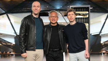 OpenAI President Greg Brockman (L), NVIDIA Founder and CEO Jensen Huang (C), and OpenAI CEO Sam Altman