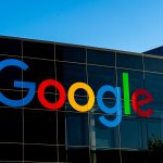 Close up of the Google logo sign on the building in Mountain View, California, USA