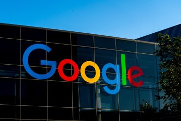 Close up of the Google logo sign on the building in Mountain View, California, USA