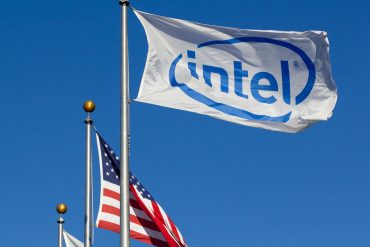 Santa Clara, CA, USA - Feb 26, 2020: Intel flag is seen at Intel's headquarters campus in Santa Clara, California.