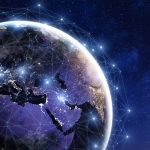Illustration of blockchain ledger connecting major global banks through digital nodes
