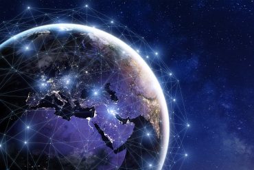 Illustration of blockchain ledger connecting major global banks through digital nodes