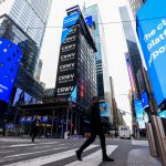 CoreWeave Inc. signage during the company's initial public offering at the Nasdaq MarketSite in New York, US