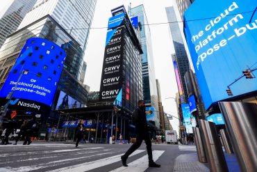CoreWeave Inc. signage during the company's initial public offering at the Nasdaq MarketSite in New York, US
