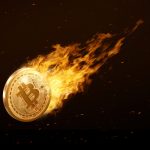 A burning Bitcoin coin falling downward like a meteor, symbolizing a sharp market selloff.
