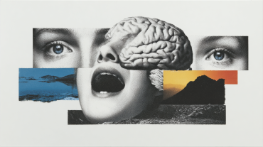 Collage combining human eyes, an open mouth, fragmented landscapes, and a brain covering part of a face, representing the breakdown of reasoning and perception in AI models trained on degraded data.