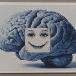 Surreal collage of a human brain with a cut-out square overlay showing exaggerated eyes and a wide smile, symbolizing artificial cognition distorted by low-quality data inputs.