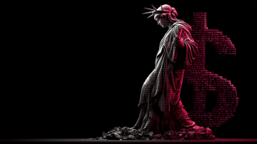 Kneeling Statue of Liberty leaning against a large binary-coded dollar symbol in a dark, digital composition.