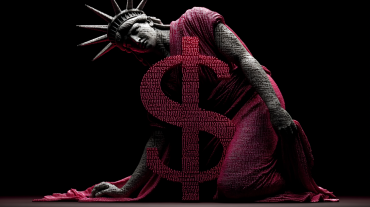 Statue of Liberty leaning against a dollar symbol rendered in cascading binary code