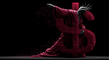 Statue of Liberty standing over rubble with a red binary dollar symbol behind her, rendered in a digital noir style as AI and cloud reshape finance.