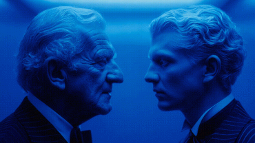 Two men — one older, one younger — face each other under blue light, symbolizing the architect of a system in dialogue with his own creation.
