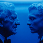 Two men — one older, one younger — face each other under blue light, symbolizing the architect of a system in dialogue with his own creation.