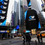 CoreWeave branding displayed on digital screens in New York’s Times Square near NASDAQ, as the AI cloud provider reports $5.1 billion in 2025 revenue and a $66.8 billion backlog.
