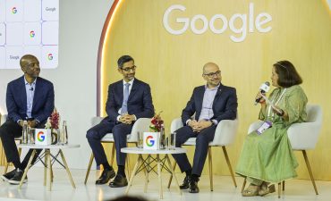 James Manyika, Sundar Pichai, Demis Hassabis and Debjani Ghosh at a high-level dialogue during India AI Impact Summit 2026 in New Delhi discussing global AI infrastructure, policy and technology leadership.