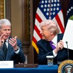 President Donald Trump and Energy Secretary Chris Wright presenting the Ratepayer Protection Pledge on AI data center energy infrastructure at the White House