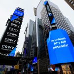 CoreWeave Times Square signage representing CoreWeave Q1 2026 revenue growth, AI infrastructure expansion, GPU cloud infrastructure, hyperscale AI compute demand, NVIDIA AI infrastructure, and large-scale AI data centre growth across the global cloud computing market