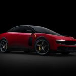 Side profile of the Ferrari Luce luxury electric vehicle featuring a minimalist grand touring design and advanced aerodynamic engineering.