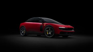 Side profile of the Ferrari Luce luxury electric vehicle featuring a minimalist grand touring design and advanced aerodynamic engineering.