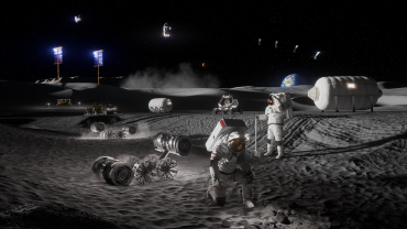 NASA lunar base concept render showing Artemis commercial lunar infrastructure at the Moon’s South Pole.