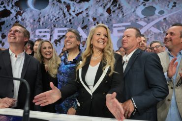 Gwynne Shotwell and SpaceX executives ring the Nasdaq opening bell during the company’s IPO debut under ticker SPCX.